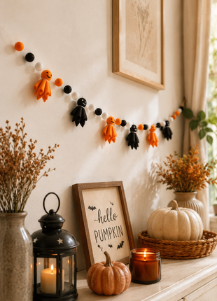 Halloween Ghost Wool Felt Garland – Handmade Orange & Black Ghost Felt Banner