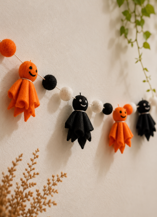 Halloween Ghost Wool Felt Garland – Handmade Orange & Black Ghost Felt Banner