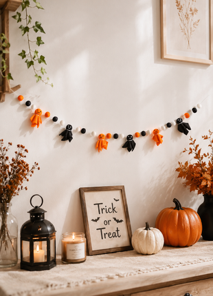 Halloween Ghost Wool Felt Garland – Handmade Orange & Black Ghost Felt Banner