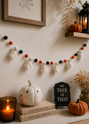 Halloween Ghost Wool Felt Garland – Handmade White Ghost Felt Banner