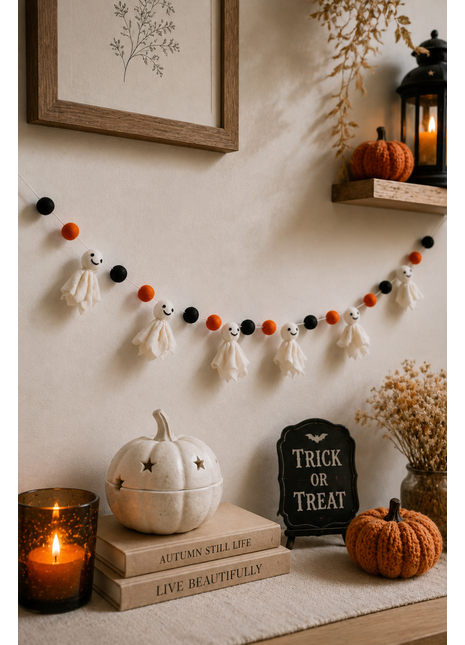 Halloween Ghost Wool Felt Garland – Handmade White Ghost Felt Banner