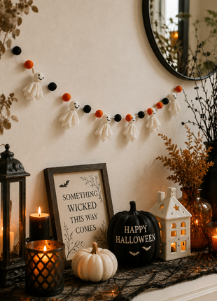 Halloween Ghost Wool Felt Garland – Handmade White Ghost Felt Banner