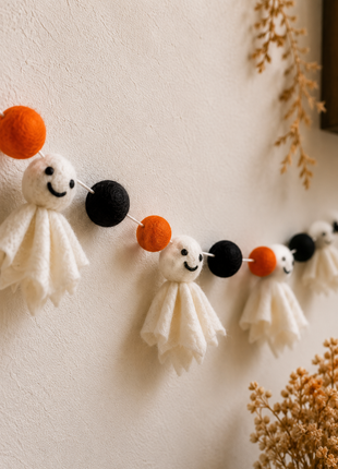Halloween Ghost Wool Felt Garland – Handmade White Ghost Felt Banner