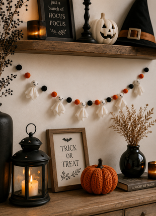 Halloween Ghost Wool Felt Garland – Handmade White Ghost Felt Banner