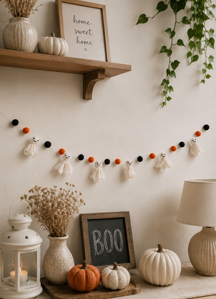 Halloween Ghost Wool Felt Garland – Handmade White Ghost Felt Banner