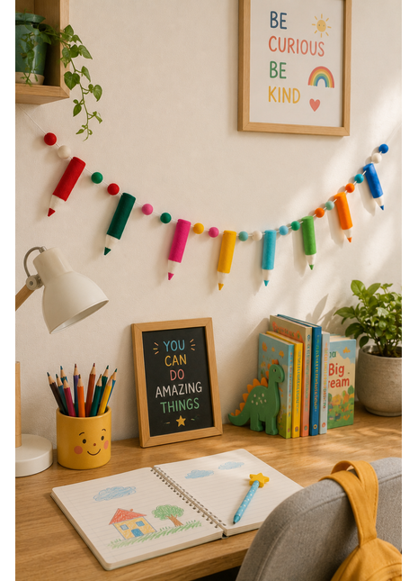 Colorful Pencil Wool Felt Garland – Handmade Crayon & Pencil Felt Banner for Kids Room