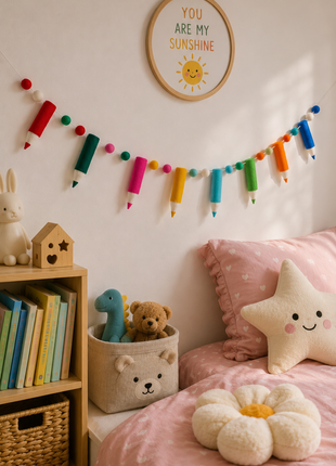 Colorful Pencil Wool Felt Garland – Handmade Crayon & Pencil Felt Banner for Kids Room