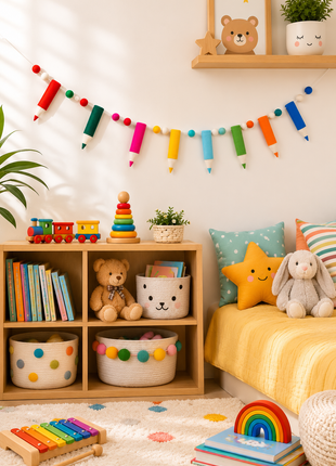 Colorful Pencil Wool Felt Garland – Handmade Crayon & Pencil Felt Banner for Kids Room