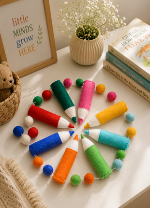 Colorful Pencil Wool Felt Garland – Handmade Crayon & Pencil Felt Banner for Kids Room