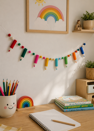 Colorful Pencil Wool Felt Garland – Handmade Crayon & Pencil Felt Banner for Kids Room