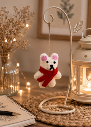 Handmade Wool Felt Polar Bear Hanging Ornament with Red Scarf – Christmas Tree Decoration & Holiday Home Décor