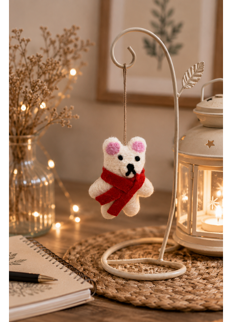 Handmade Wool Felt Polar Bear Hanging Ornament with Red Scarf – Christmas Tree Decoration & Holiday Home Décor
