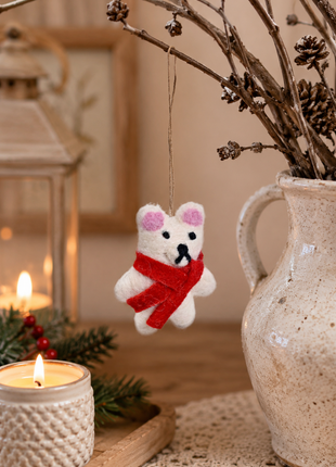 Handmade Wool Felt Polar Bear Hanging Ornament with Red Scarf – Christmas Tree Decoration & Holiday Home Décor