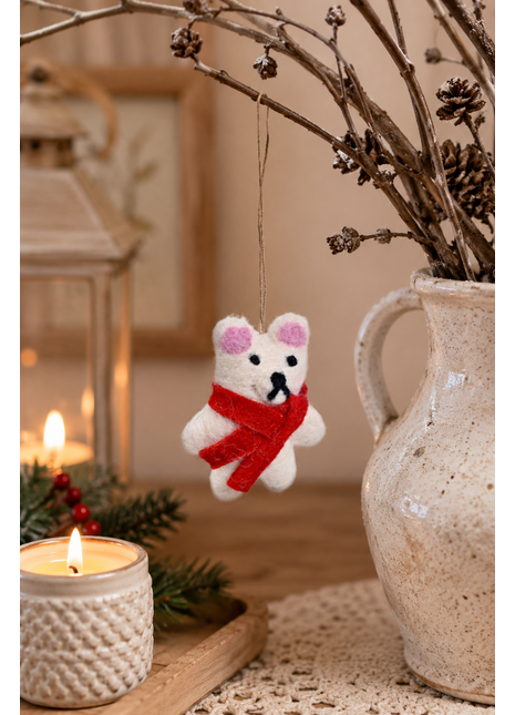 Handmade Wool Felt Polar Bear Hanging Ornament with Red Scarf – Christmas Tree Decoration & Holiday Home Décor