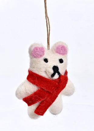 Handmade Wool Felt Polar Bear Hanging Ornament with Red Scarf – Christmas Tree Decoration & Holiday Home Décor