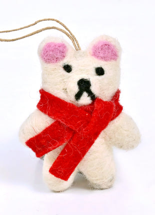 Handmade Wool Felt Polar Bear Hanging Ornament with Red Scarf – Christmas Tree Decoration & Holiday Home Décor