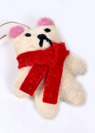 Handmade Wool Felt Polar Bear Hanging Ornament with Red Scarf – Christmas Tree Decoration & Holiday Home Décor