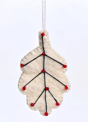 Handmade Wool Felt White Leaf Hanging Ornament – Christmas Tree Decoration & Nature-Inspired Holiday Décor