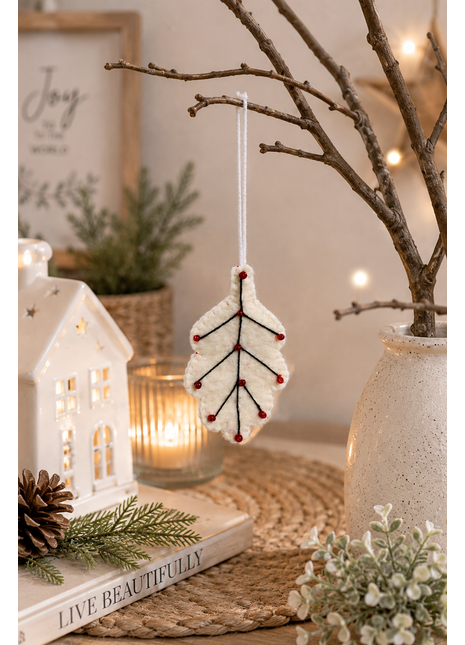Handmade Wool Felt White Leaf Hanging Ornament – Christmas Tree Decoration & Nature-Inspired Holiday Décor