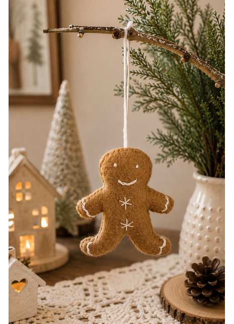Handmade Wool Felt Gingerbread Man Hanging Ornament – Christmas Tree Decoration & Holiday Home Décor