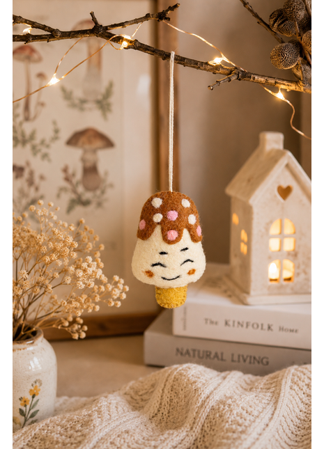 Handmade Wool Felt Smiling Mushroom Hanging Ornament – Cute Woodland Christmas Tree & Home Décor