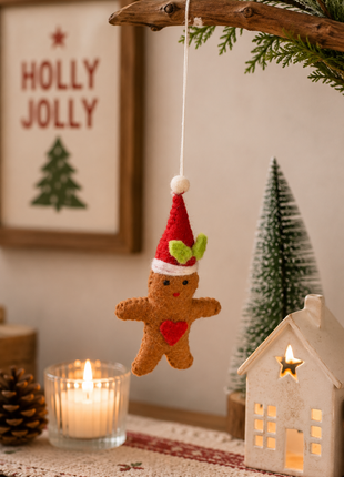 Handmade Wool Felt Gingerbread Christmas Hanging Ornament – Festive Holiday Tree & Home Decoration