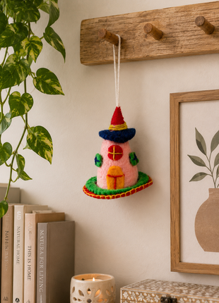 Handmade Wool Felt Fairy House Hanging Ornament – Whimsical Home & Nursery Decoration