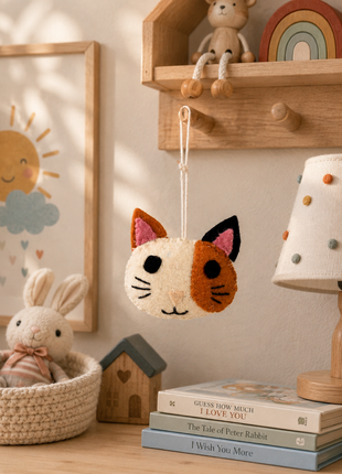 Handmade Wool Felt Cat Face Hanging Ornament – Cute Kitty Decoration for Home, Nursery & Pet Lovers