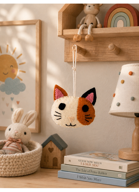 Handmade Wool Felt Cat Face Hanging Ornament – Cute Kitty Decoration for Home, Nursery & Pet Lovers
