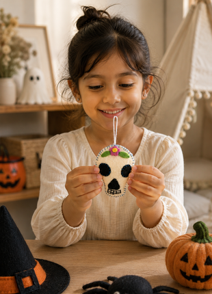Handmade Wool Felt Sugar Skull Hanging Ornament – Halloween Skull Decor for Spooky Home & Party Decorations