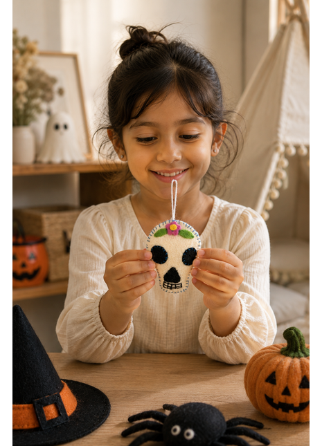 Handmade Wool Felt Sugar Skull Hanging Ornament – Halloween Skull Decor for Spooky Home & Party Decorations