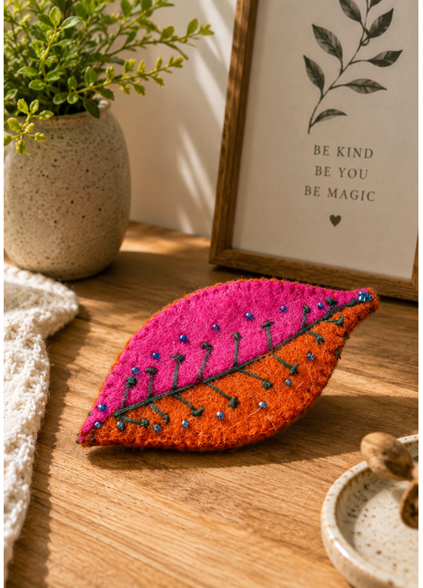 Handmade Wool Felt Embroidered Leaf Ornament – Artisan Nature-Inspired Home & Wall Décor