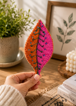 Handmade Wool Felt Embroidered Leaf Ornament – Artisan Nature-Inspired Home & Wall Décor