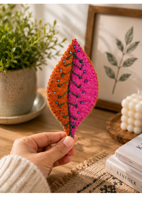 Handmade Wool Felt Embroidered Leaf Ornament – Artisan Nature-Inspired Home & Wall Décor