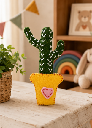 Handmade Wool Felt Cactus Ornament – Cute Cactus in Yellow Pot for Home & Nursery Décor