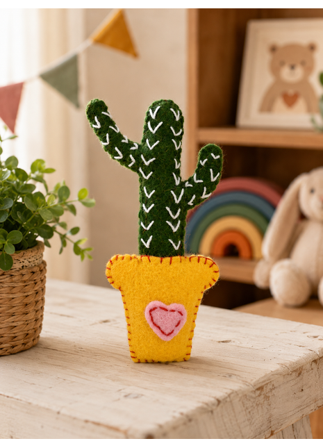 Handmade Wool Felt Cactus Ornament – Cute Cactus in Yellow Pot for Home & Nursery Décor