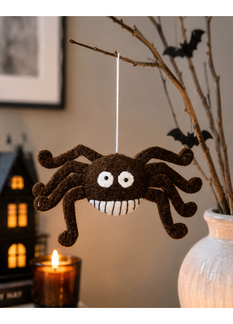 Handmade Wool Felt Smiling Spider Ornament – Halloween Hanging Decoration for Spooky Home Décor