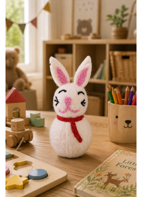 Handmade White Bunny Wool Felt Ornament – Cute Rabbit Felt Decoration for Easter, Spring, Nursery & Home Décor