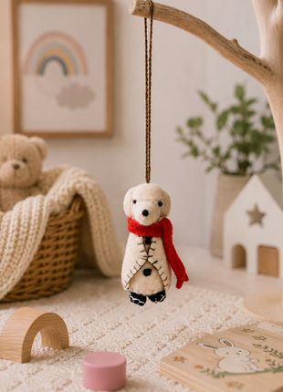 Handmade Polar Bear Wool Felt Hanging Ornament – Cute Winter Bear Decoration for Christmas Tree, Nursery & Holiday Home Décor
