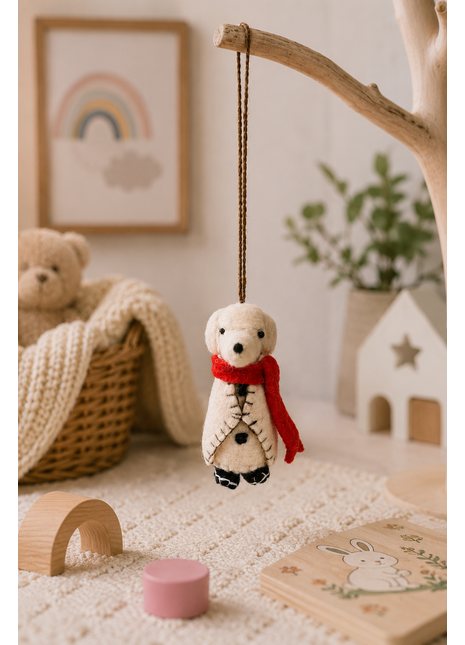 Handmade Polar Bear Wool Felt Hanging Ornament – Cute Winter Bear Decoration for Christmas Tree, Nursery & Holiday Home Décor
