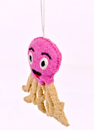 Handmade Pink Jellyfish Wool Felt Hanging Ornament – Cute Ocean Animal Felt Decoration for Nursery, Kids Room & Coastal Home Décor