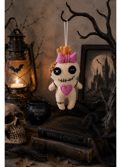 Handmade Voodoo Doll Wool Felt Hanging Ornament – Cute Gothic Felt Doll Decoration for Halloween, Spooky Home Décor & Collectible Gifts
