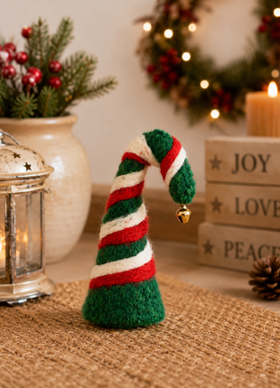 Handmade Christmas Elf Hat Wool Felt Ornament – Festive Striped Felt Elf Hat Decoration