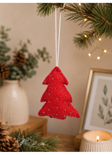 Handmade Red Christmas Tree Wool Felt Hanging Ornament – Festive Felt Tree Decoration for Christmas Tree & Holiday Home Décor
