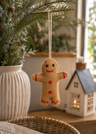 Handmade Gingerbread Man Wool Felt Hanging Ornament – Cute Christmas Cookie Felt Decoration for Holiday Home Décor