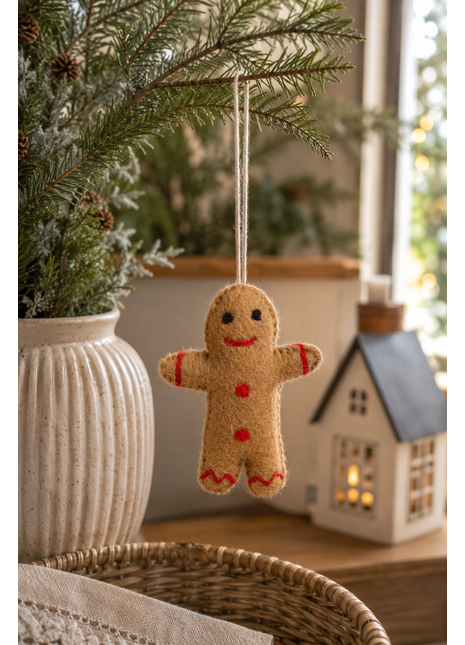 Handmade Gingerbread Man Wool Felt Hanging Ornament – Cute Christmas Cookie Felt Decoration for Holiday Home Décor