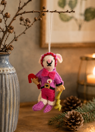 Handmade Christmas Mouse Wool Felt Hanging Ornament – Cute Festive Mouse Elf Decoration