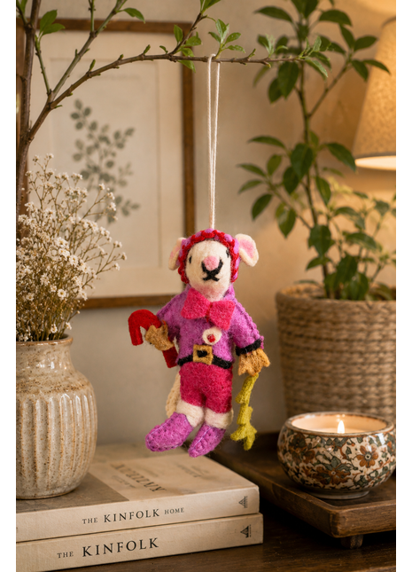 Handmade Christmas Mouse Wool Felt Hanging Ornament – Cute Festive Mouse Elf Decoration