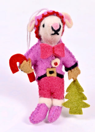 Handmade Christmas Mouse Wool Felt Hanging Ornament – Cute Festive Mouse Elf Decoration