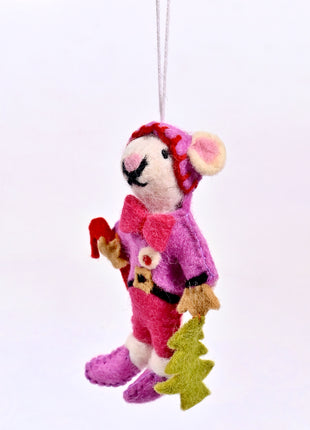Handmade Christmas Mouse Wool Felt Hanging Ornament – Cute Festive Mouse Elf Decoration